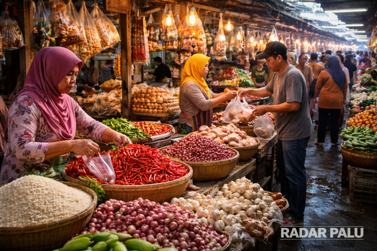 Ilustrasi aktivitas transaksi di pasar tradisional Sulawesi Tengah di tengah kenaikan harga sejumlah komoditas.