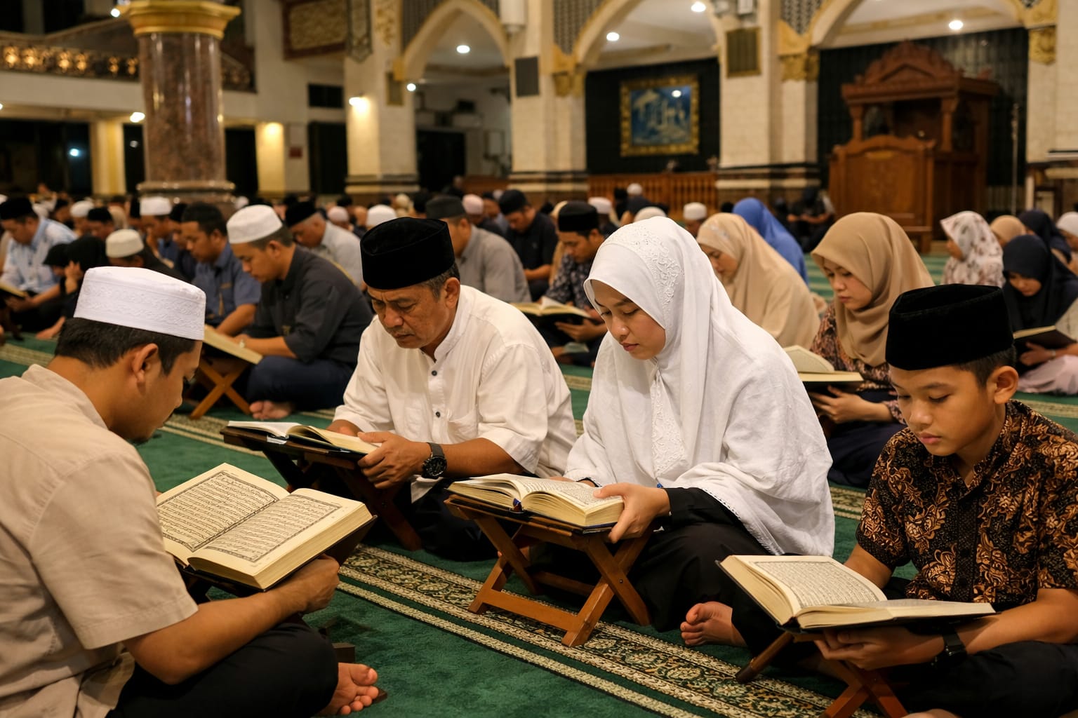 Suasana umat Islam membaca Alquran di masjid saat Ramadan. Malam ke-19 menjadi momentum memperkuat kedekatan dengan kitab suci.