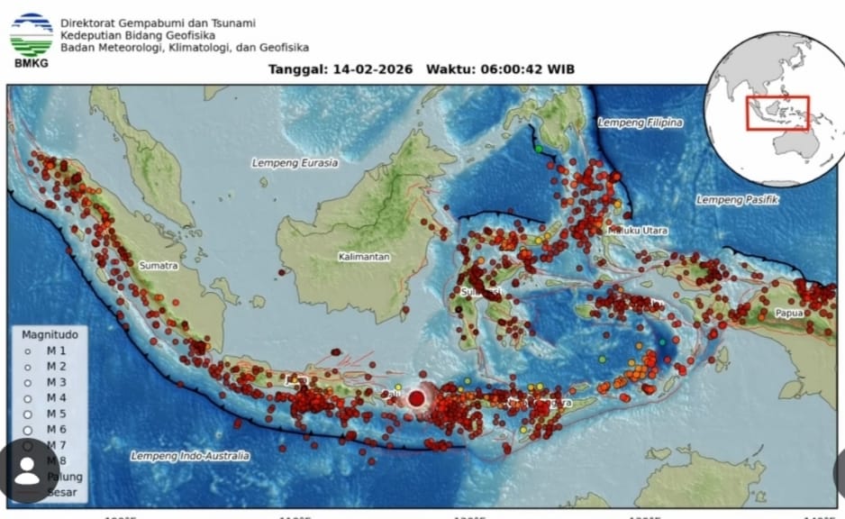 Peta sebaran aktivitas gempa bumi di Indonesia selama Februari 2026 berdasarkan data Badan Meteorologi Klimatologi dan Geofisika (BMKG).
