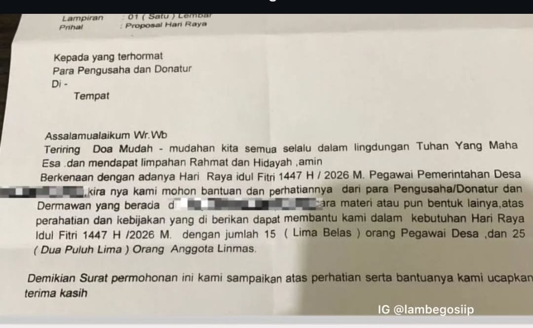 Proposal permintaan THR aparatur Desa Jampang, Kecamatan Kemang, Kabupaten Bogor, viral di media sosial dan menuai sorotan publik.