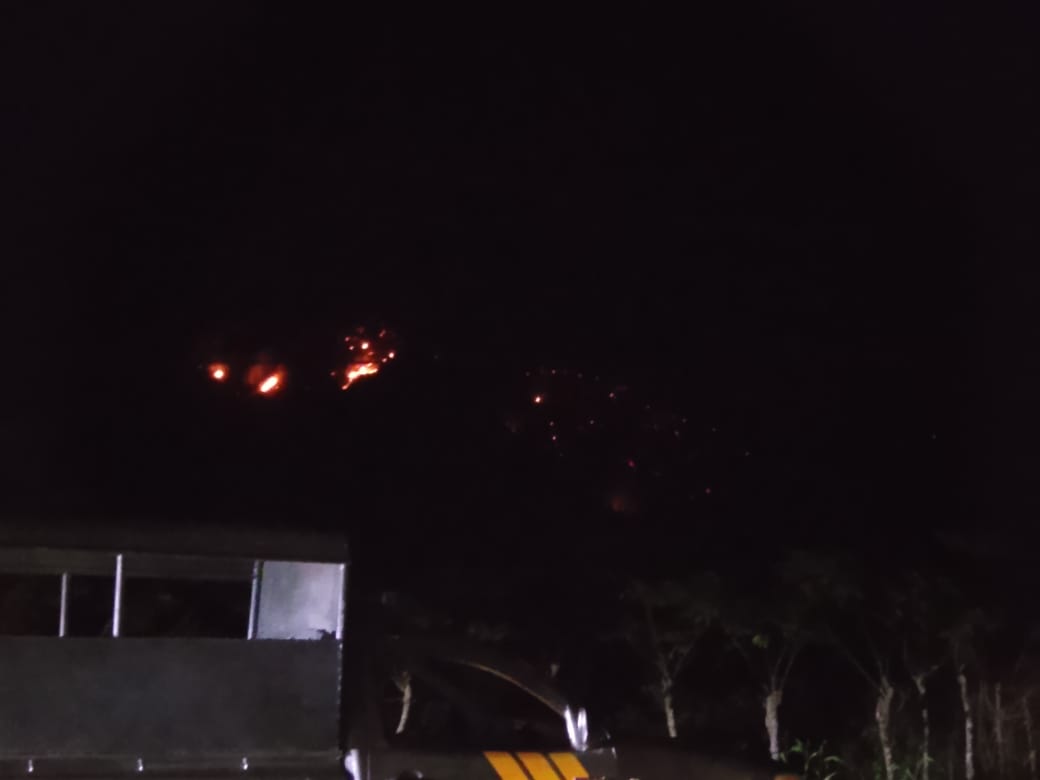 Kobaran api kebakaran hutan di perbukitan Gunung Ue Marongi, Toboli, Parigi Moutong, terlihat dari jalur Trans Sulawesi pada Senin (9/3/2026) malam.