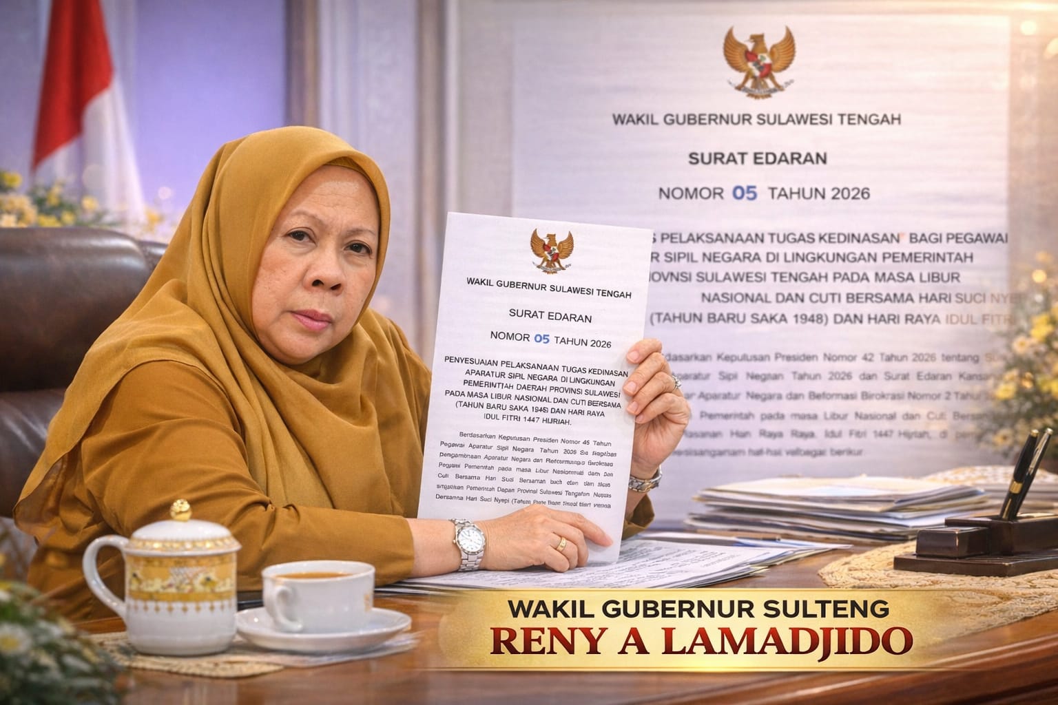 Wakil Gubernur Sulawesi Tengah Reny A. Lamadjido menerbitkan surat edaran penyesuaian pelaksanaan tugas ASN menjelang libur Nyepi dan Idul Fitri 1447 Hijriah.