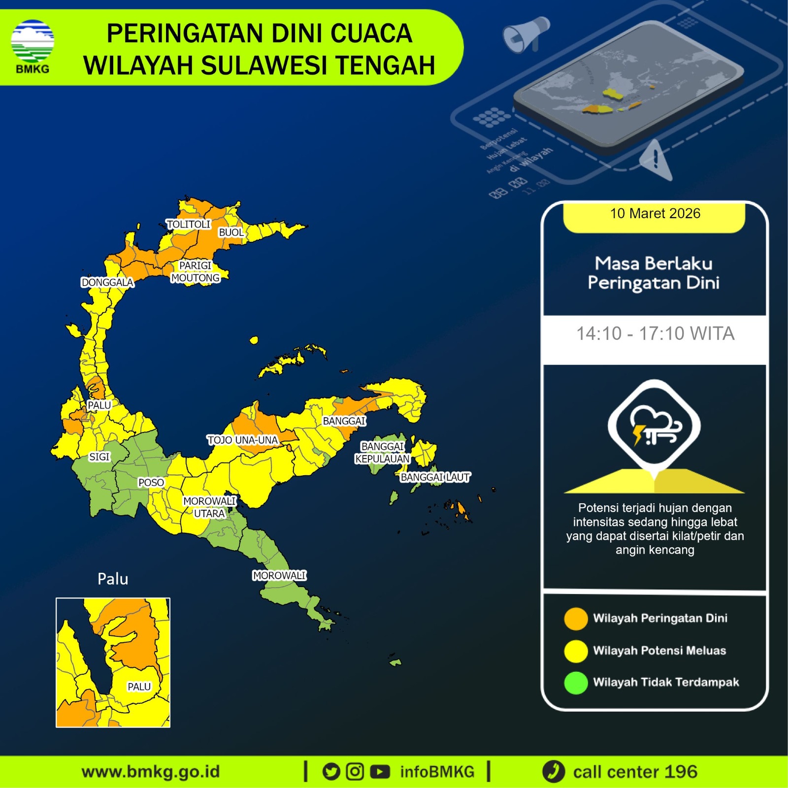 BMKG mengeluarkan peringatan dini potensi hujan dengan intensitas sedang hingga lebat yang dapat disertai kilat, petir, dan angin kencang di sejumlah wilayah Sulawesi Tengah, Selasa (10/3/2026).