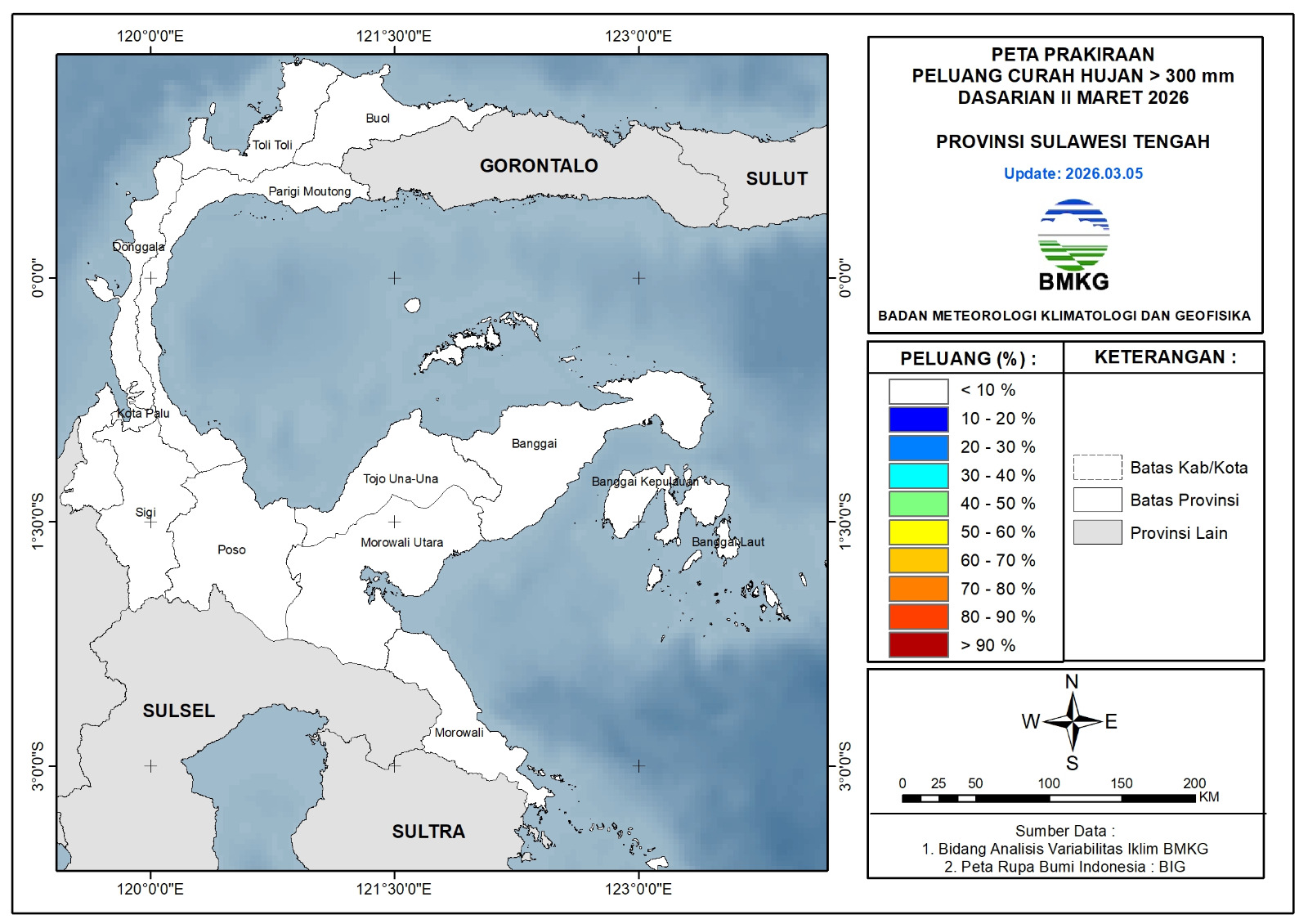 Sebagian wilayah Sulawesi Tengah berpotensi mengalami peningkatan curah hujan pada Dasarian II Maret 2026.