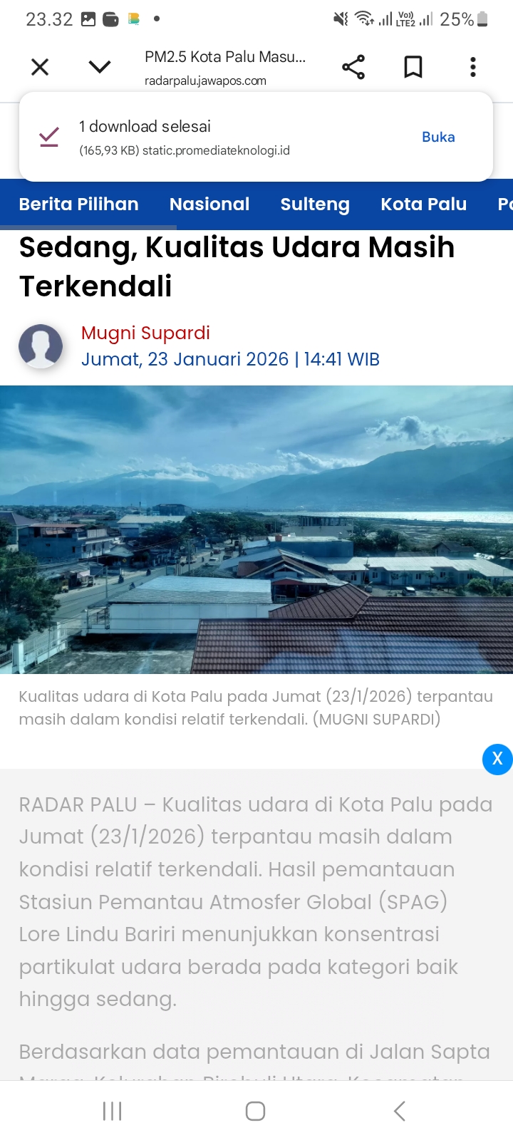 Kualitas udara di Kota Palu pada Selasa (10/3) terpantau masih dalam kategori baik hingga sedang.