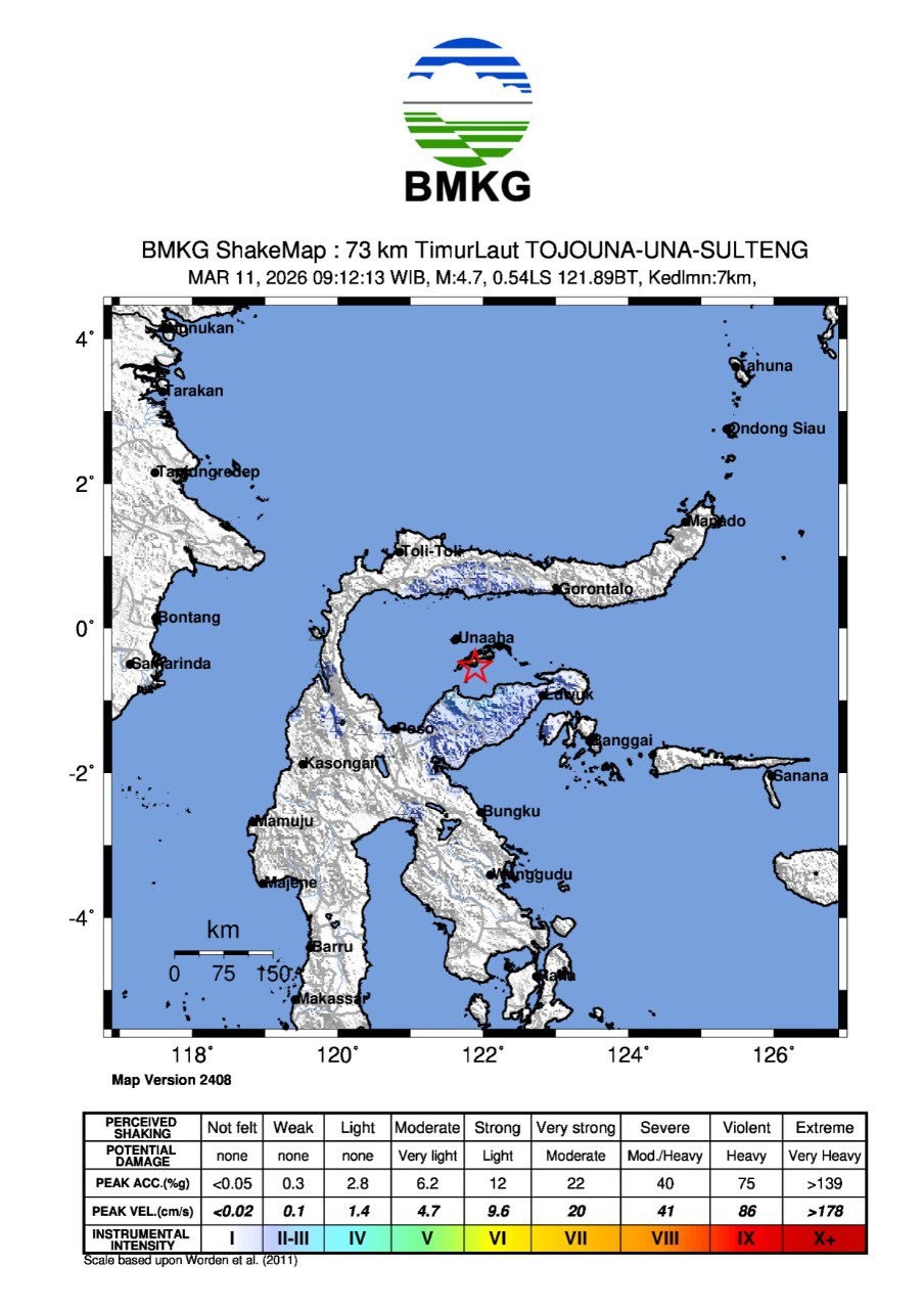 Gempa bumi tektonik mengguncang wilayah Teluk Tomini, Kabupaten Tojo Una-Una, Sulawesi Tengah, Rabu (11/3) pagi. 