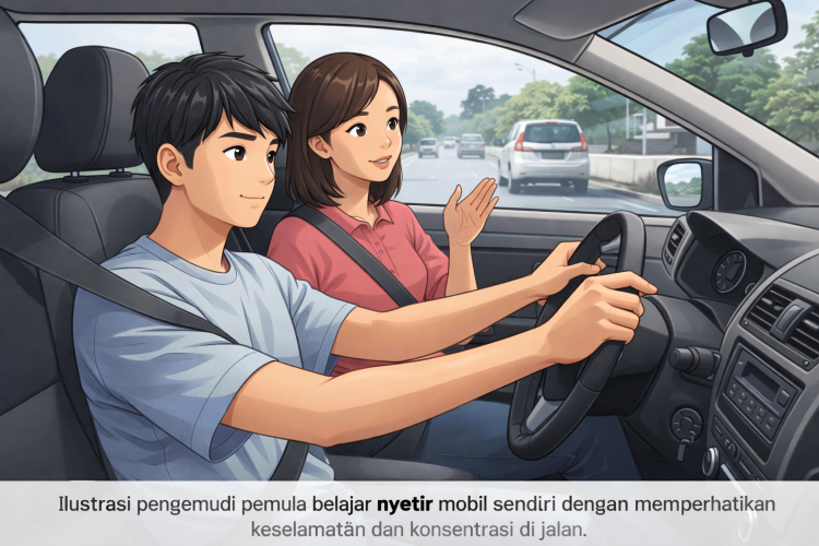 Ilustrasi pengemudi pemula belajar nyetir mobil sendiri dengan memperhatikan keselamatan dan konsentrasi di jalan.