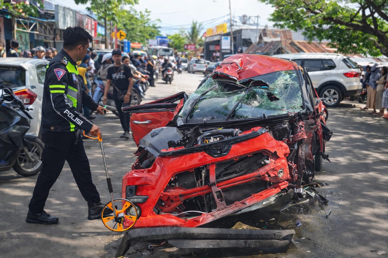Anggota Satlantas Polresta Palu mengukur jarak di lokasi kecelakaan saat melakukan olah TKP kecelakaan beruntun di Jalan Yos Sudarso, Kota Palu, Rabu (11/3/2026).