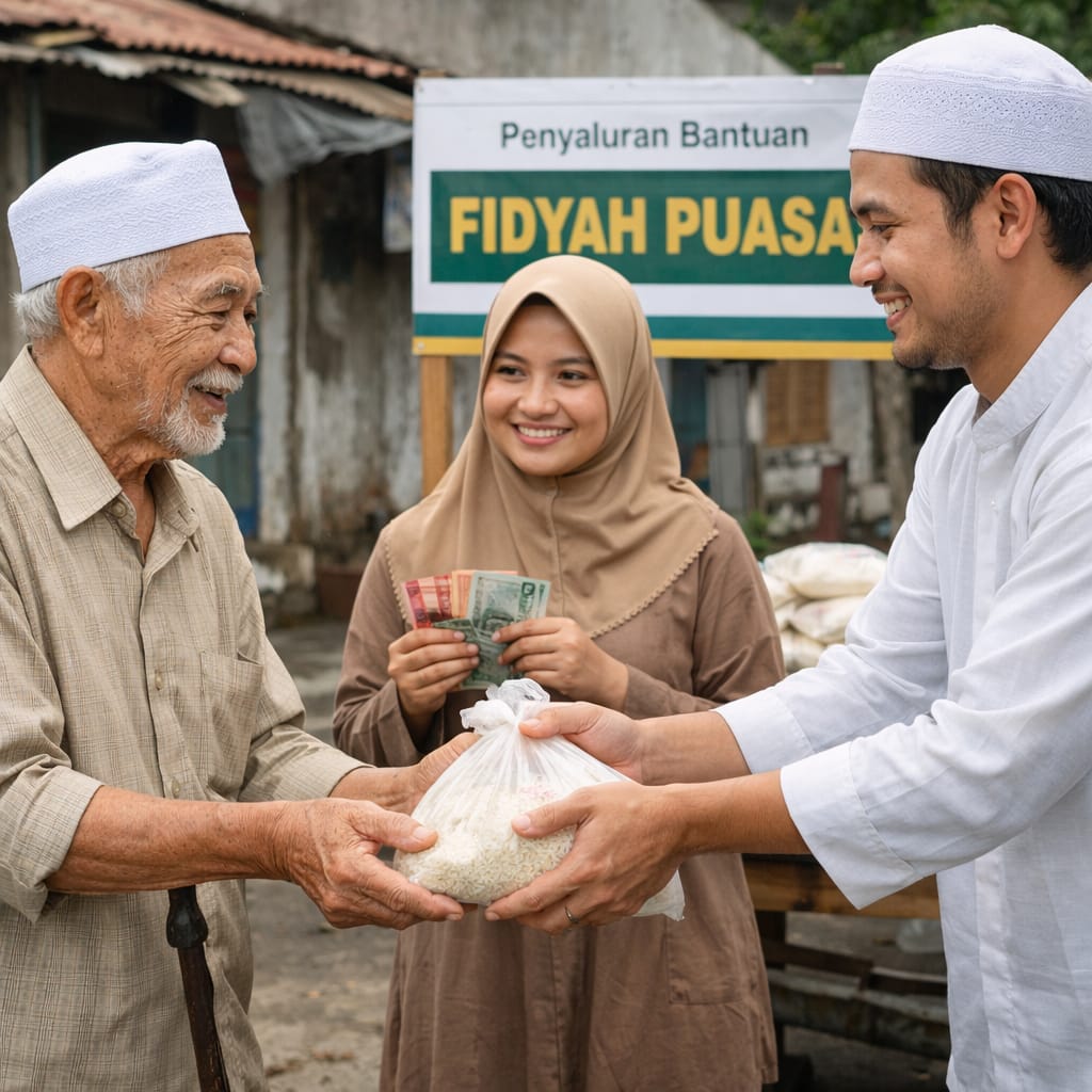 Ilustrasi penyaluran fidyah puasa kepada fakir miskin bagi orang tua sakit menahun atau lansia yang tidak mampu berpuasa.