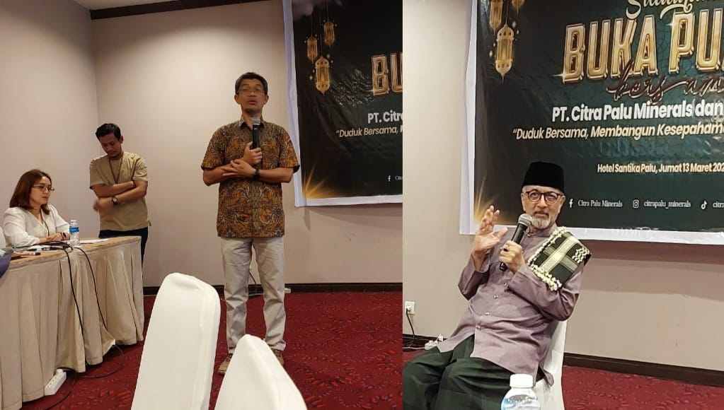Kepala Teknik Tambang CPM Yan Adriansyah bersama GM EAS Amran Amier saat buka puasa bersama insan pers di Hotel Santika Palu, Jumat (13/3).