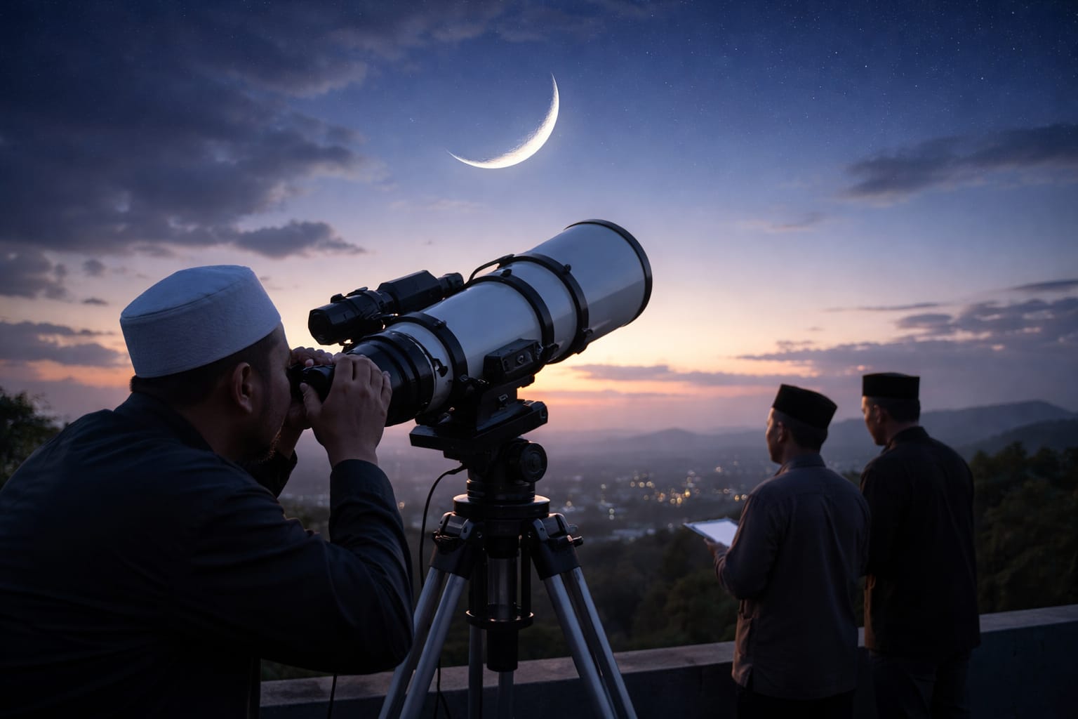 Ilustrasi pengamatan hilal menggunakan teleskop. BMKG merilis data astronomi untuk membantu penentuan awal Syawal 1447 H di Indonesia.