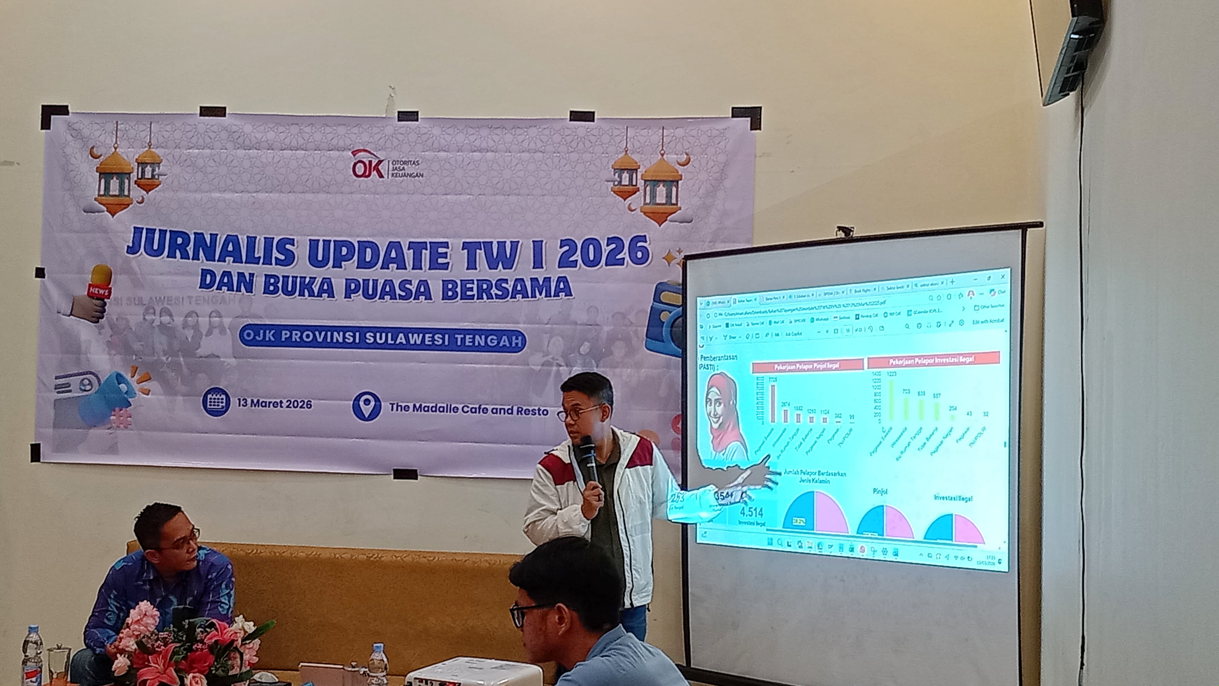 Kepala OJK Provinsi Sulawesi Tengah, Bonny Hardi Putra hadir di Jurnalis Update Triwulan I 2026 dan buka puasa bersama, Jumat (13/3/2026).
