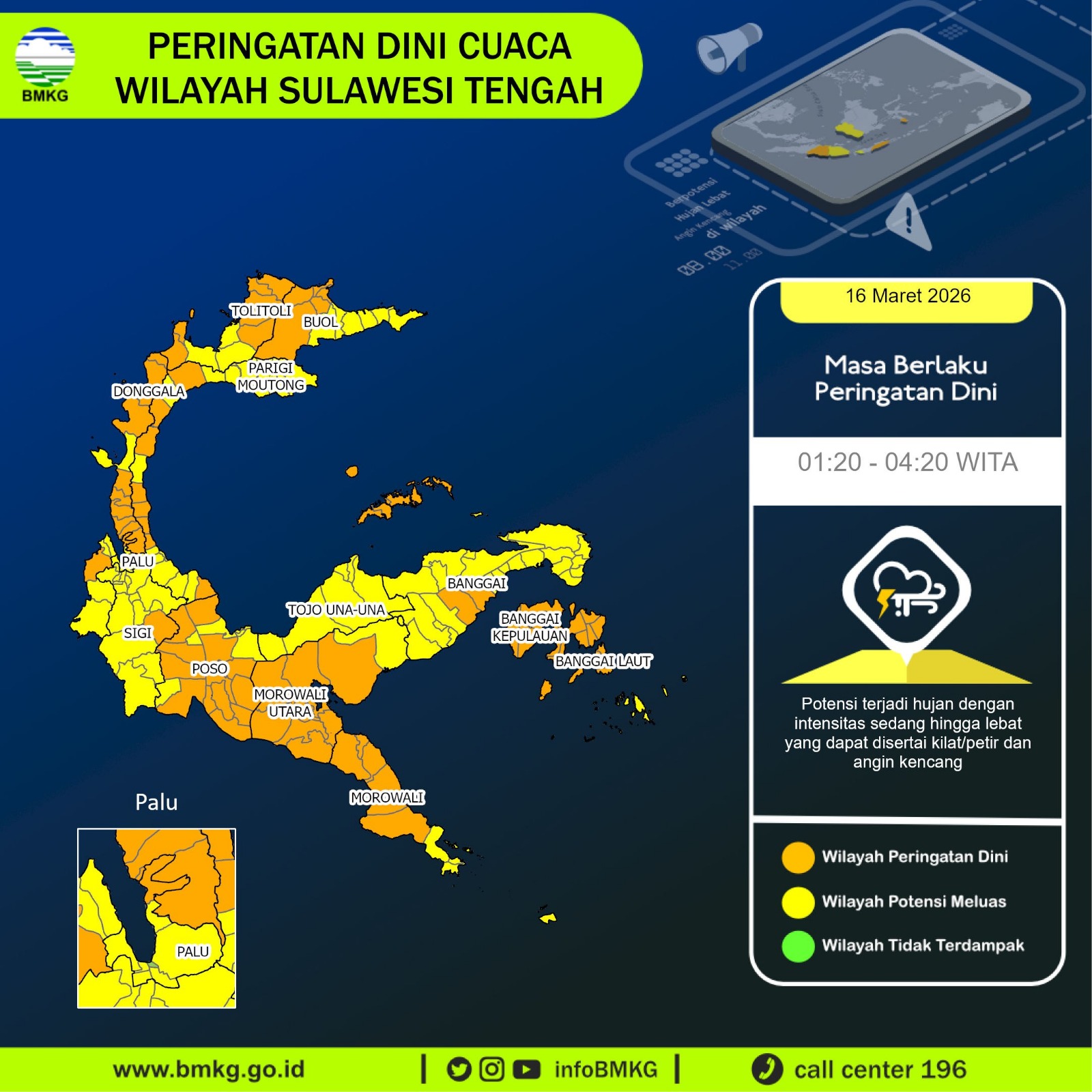 Peringatan dini potensi cuaca ekstrem di sejumlah wilayah Sulawesi Tengah pada Senin dini hari (16/3).