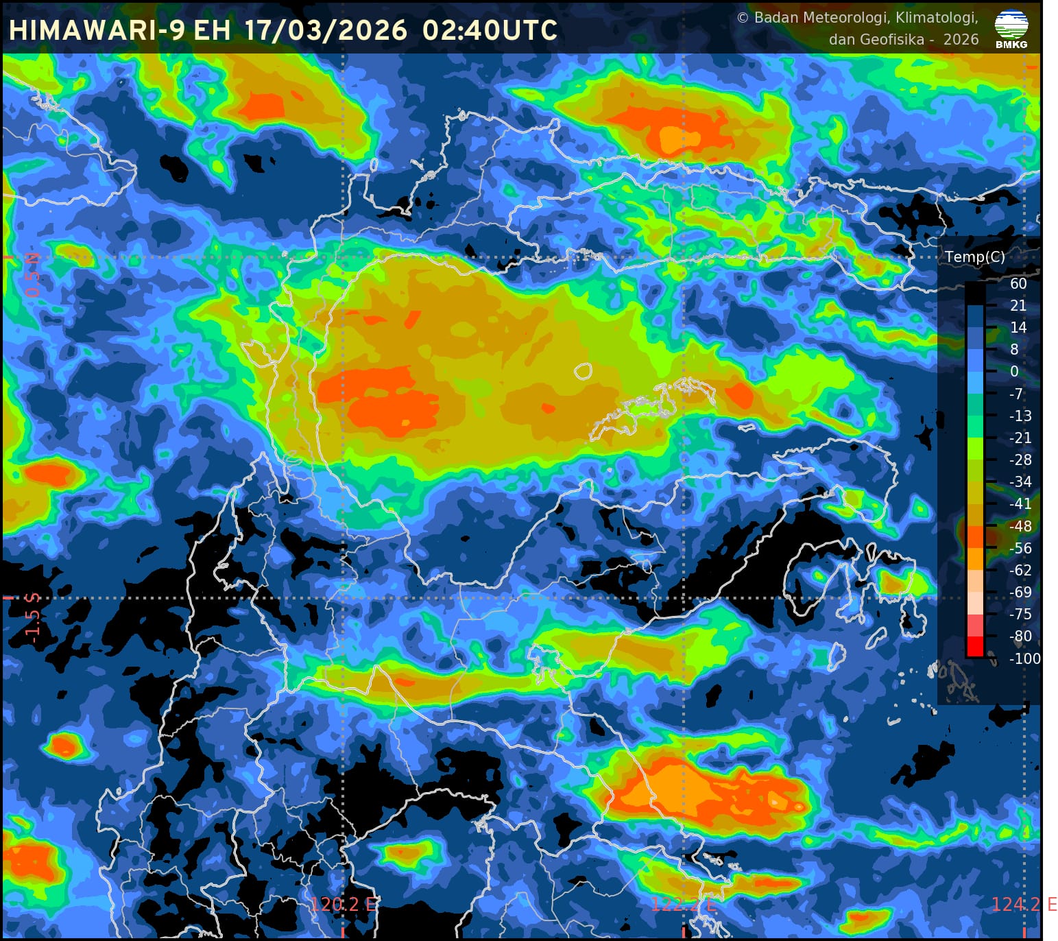 Citra satelit cuaca Himawari-9 IR Enhanced - Sulawesi Tengah sekitar pukul 10.40 WITA, Selasa (17/3/2026).