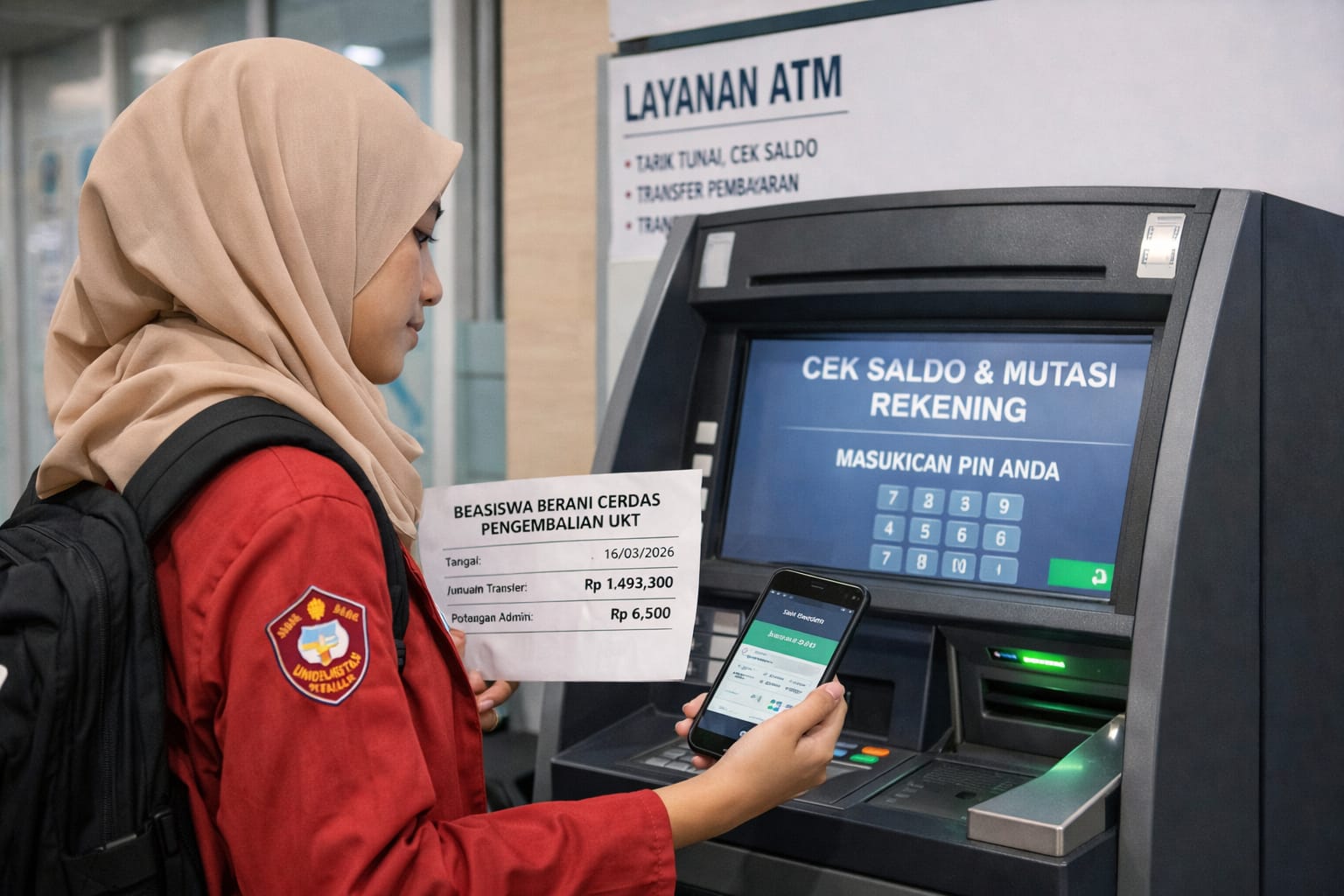 Ilustrasi mahasiswa Universitas Tadulako mengecek pengembalian UKT Beasiswa Berani Cerdas melalui layanan perbankan.