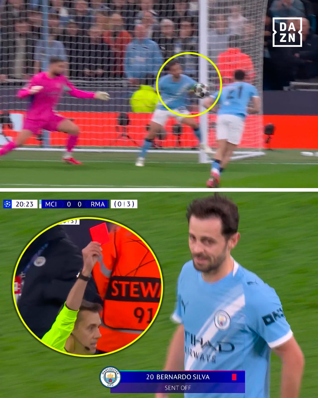 Bernardo Silva diganjar kartu merah akibat handball krusial.