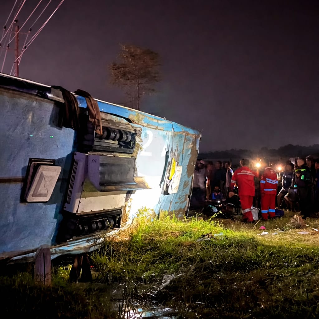 Tim SAR gabungan mengevakuasi korban kecelakaan bus yang terguling di KM 259 Tol Pejagan, Brebes, Rabu (18/3/2026) malam.