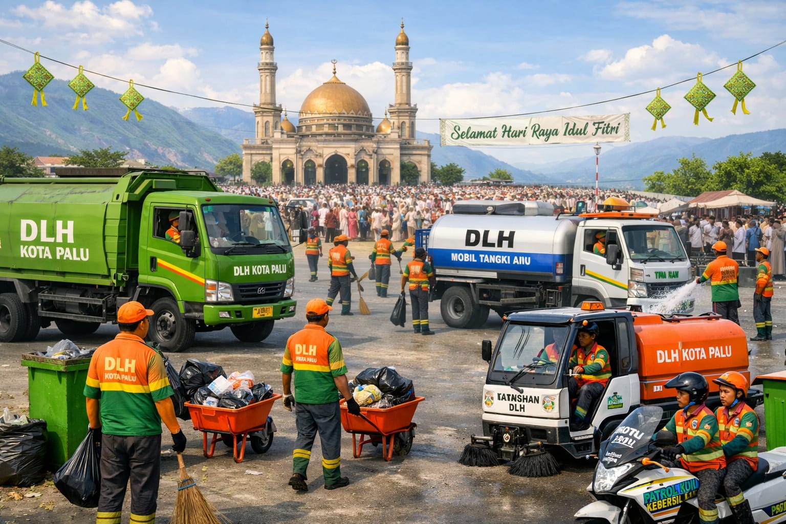 Ilustrasi Petugas DLH Kota Palu menyiagakan armada kebersihan di Lapangan Vatulemo jelang pelaksanaan salat Idul Fitri.