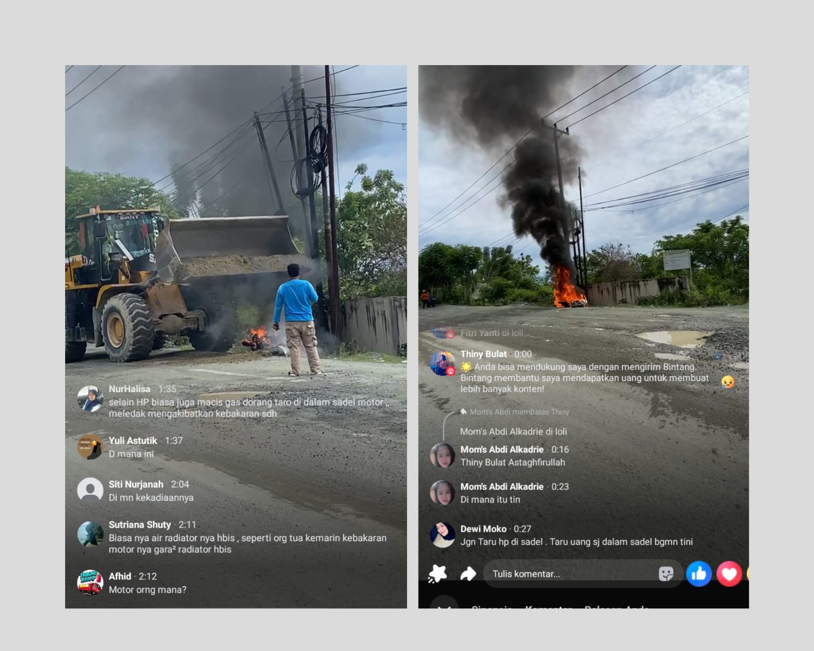 Wheel loader tampak dikerahkan dan menjatuhkan pasir ke titik api hingga kobaran perlahan mereda.