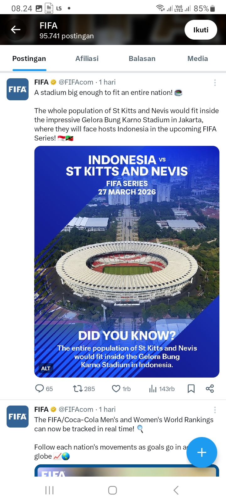 Federasi Sepak Bola Dunia (FIFA) menyoroti keunikan Stadion Utama Gelora Bung Karno (GBK), Jakarta.