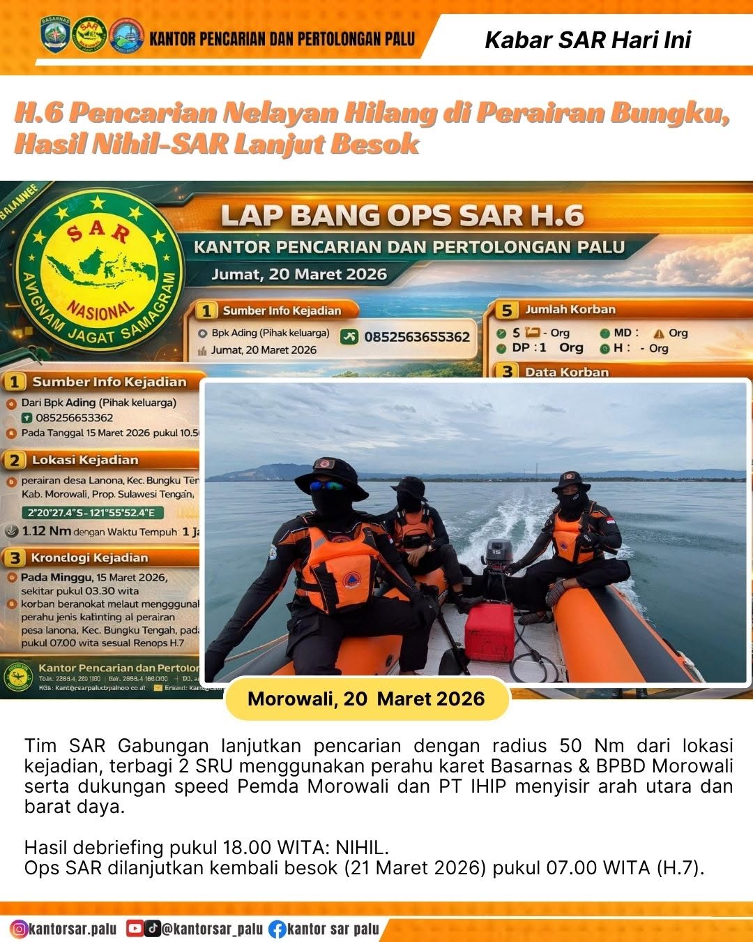 Operasi pencarian terhadap seorang nelayan yang dilaporkan hilang di perairan Desa Lamona masih nihil.
