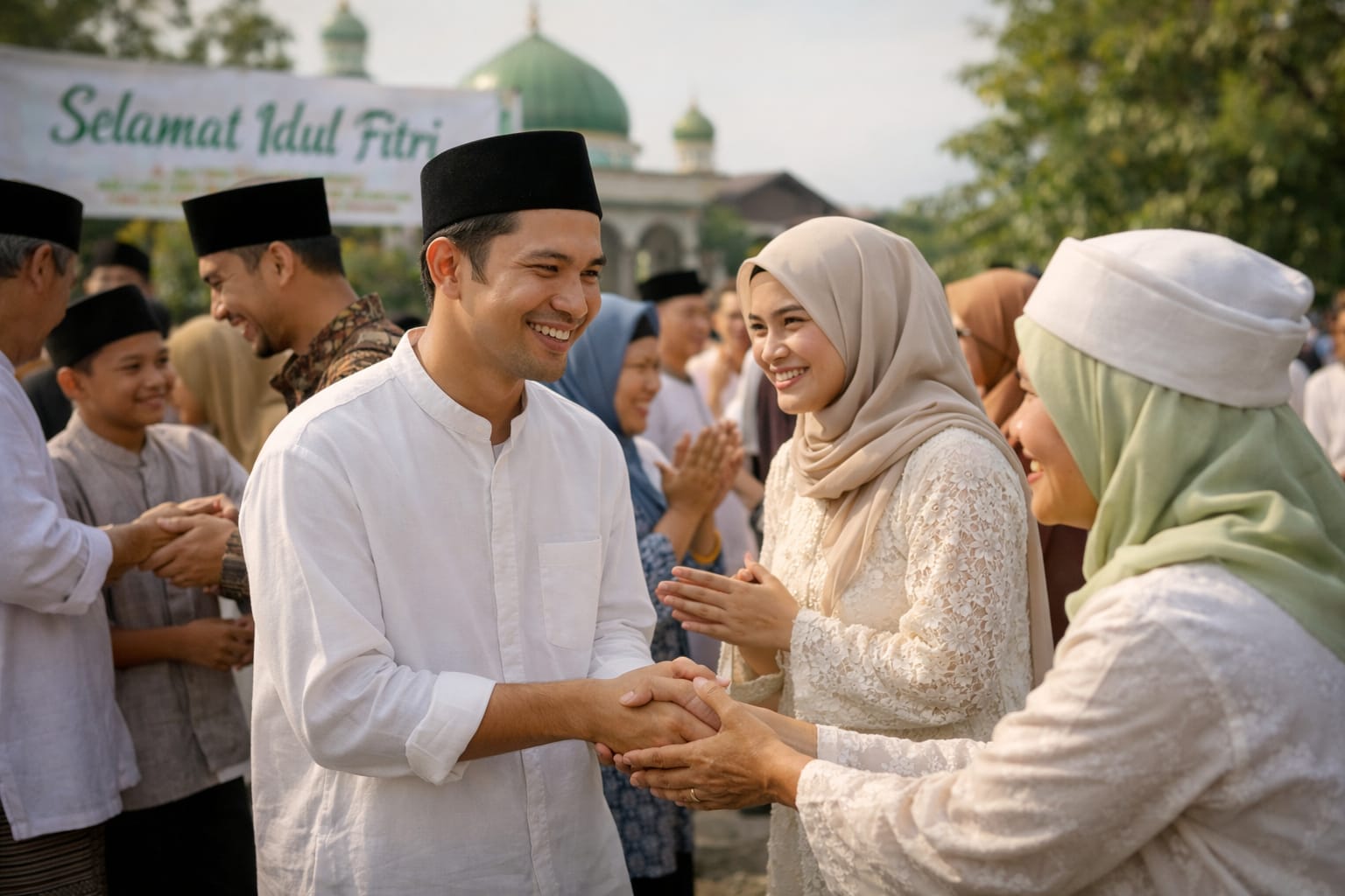 Warga saling bersalaman sambil mengucapkan Minal Aidin Wal Faizin saat perayaan Idulfitri.