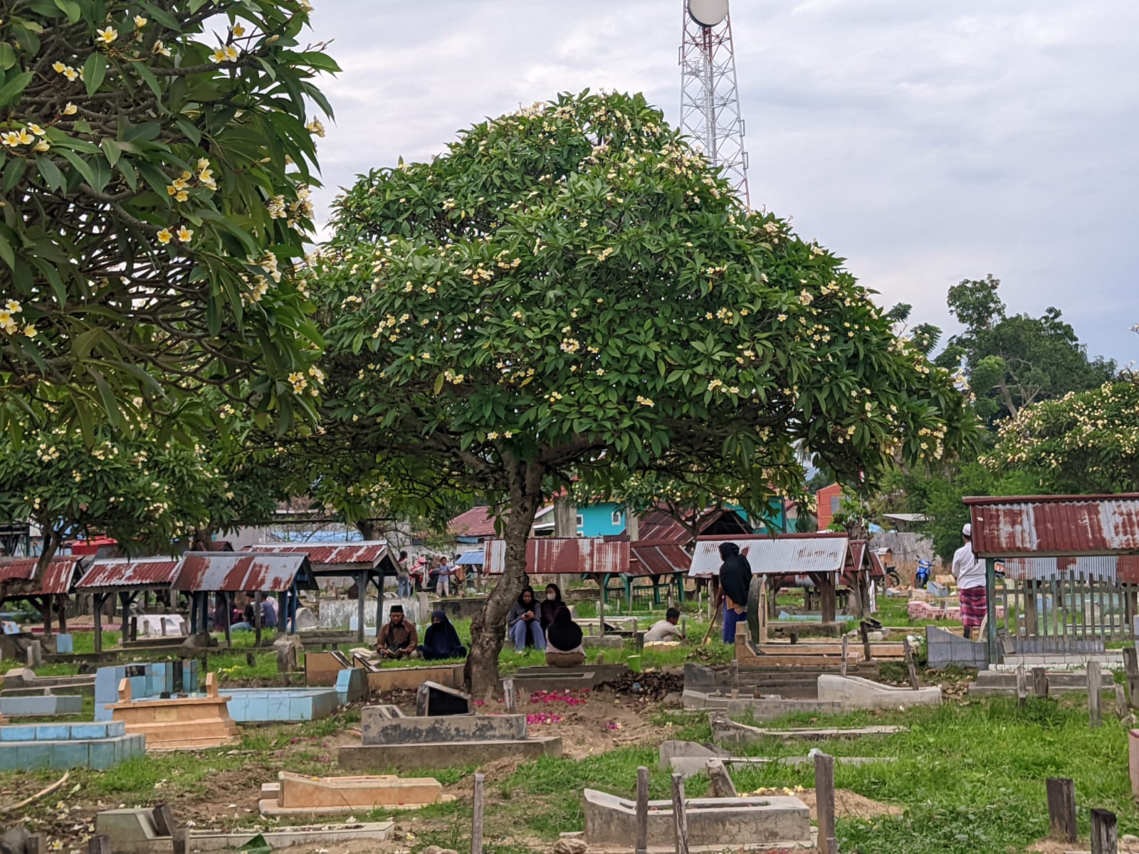ZIARAH: Warga memadati area pemakaman umum di Parigi Moutong, Sabtu (21/3/2026), untuk berziarah dan mendoakan keluarga yang telah meninggal dunia pada momen Hari Raya Idulfitri.(FOTO: RAHMAT FADHIL/R