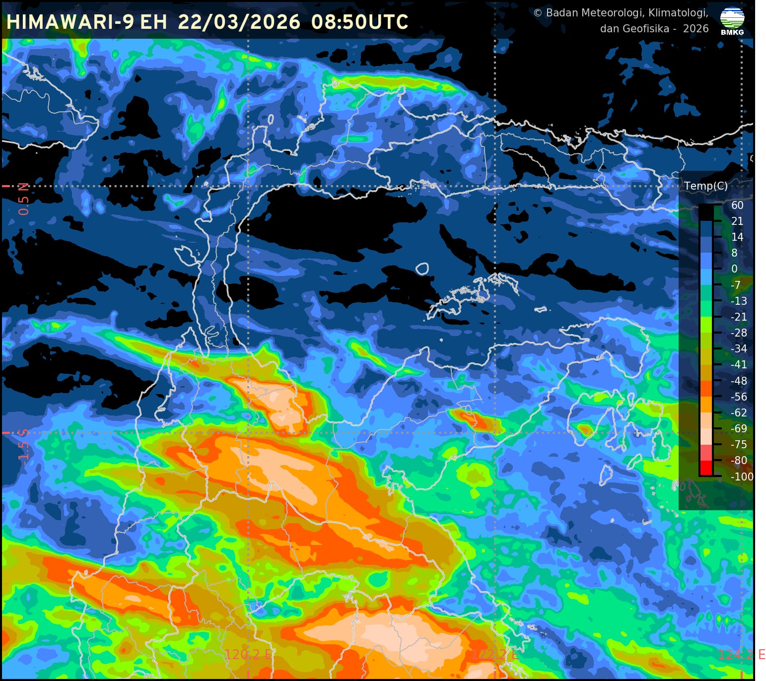 Warna yang mendekati jingga hingga merah, menunjukan pertumbuhan awan yang signifikan dan berpotensi terbentuknya awan Cumulonimbus. Kondisi ini sekitar pukul 16.50 WITA, Senin (22/3/2026)