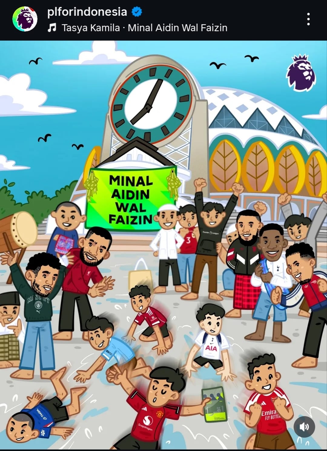 Masjid Baitulkhairaat Palu ditampilkan sebagai latar konten Premier League Indonesia bertema Idulfitri yang viral di media sosial.