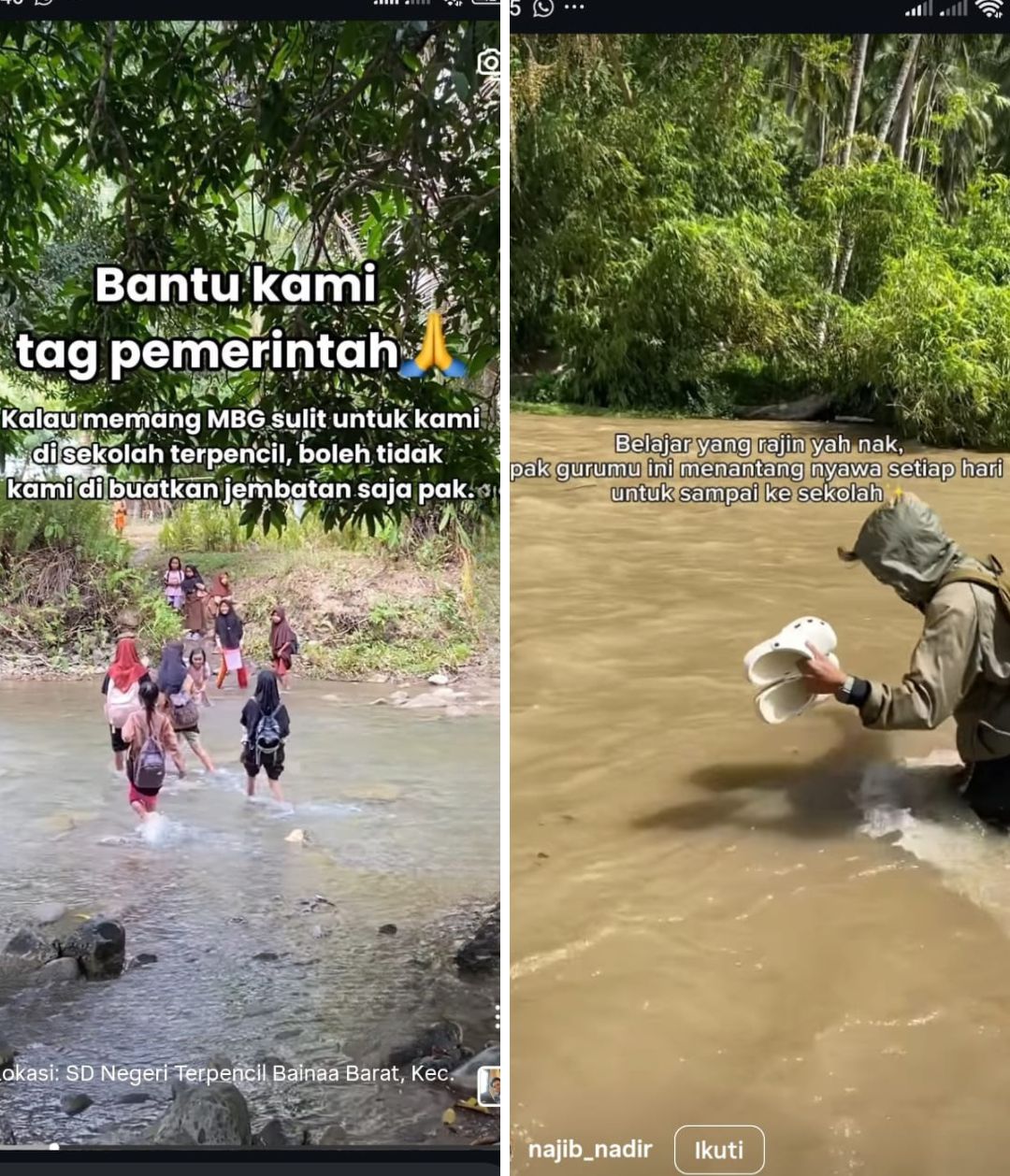 Viral anak sekolah menyeberangi sungai di Desa Bainaa, Parigi Moutong, berharap dibangunkan jembatan demi keselamatan.