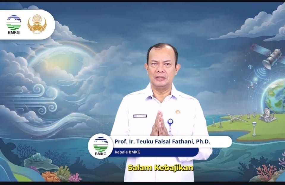 Kepala BMKG Teuku Faisal Fathani saat menyampaikan pesan Hari Meteorologi Dunia 2026 terkait pentingnya observasi cuaca dan iklim.