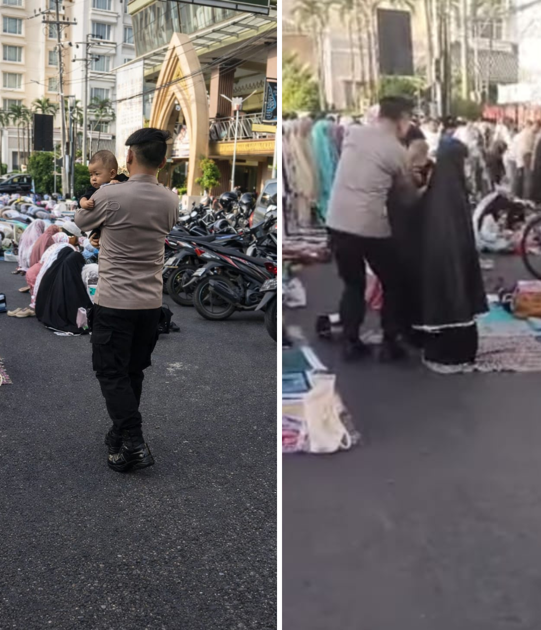 Seorang polisi menggendong bayi saat ibunya menjalankan Salat Idulfitri di Yogyakarta, momen ini viral di media sosial.