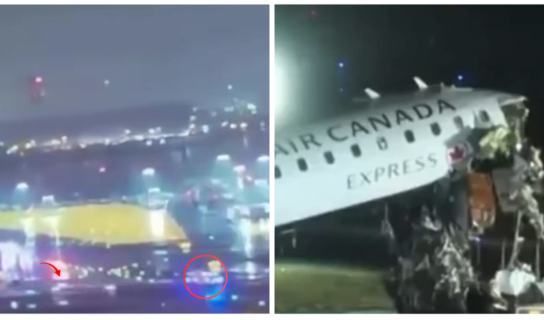Kondisi bagian depan pesawat Air Canada Express rusak parah usai bertabrakan dengan mobil pemadam kebakaran di Bandara LaGuardia, New York, dalam insiden yang viral di media sosial.