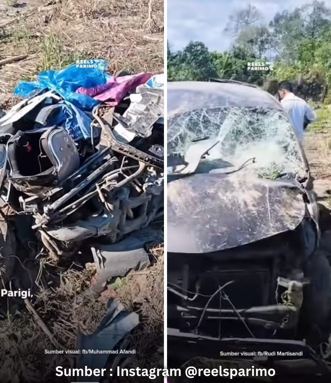Kondisi mobil dan sepeda motor yang rusak parah usai kecelakaan di Jalur 2 Bambalemo, Parigi Moutong, terlihat dalam video yang diunggah reelsparimo.