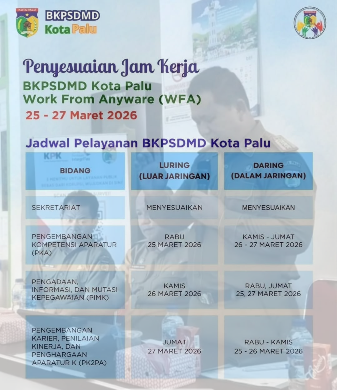 Pengumuman WFA BKPSDM Kota Palu beserta jadwal layanan luring dan daring 25&ndash;27 Maret 2026.