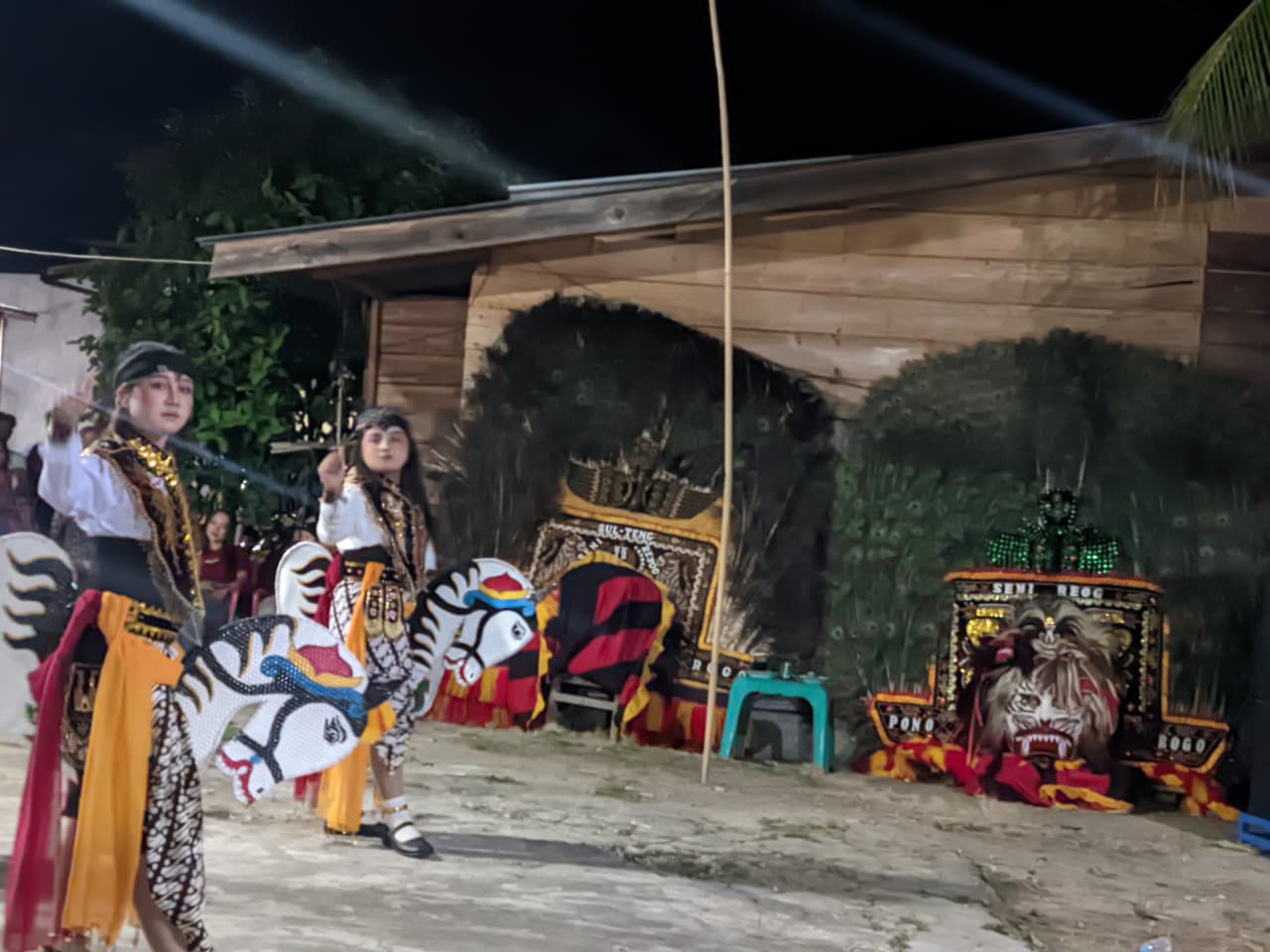 LESTARIKAN BUDAYA: Penampilan seni Reog oleh kelompok Manunggal Sejati di halaman kediaman Bonira di Desa Tinombala, Rabu malam (25/3/2026), disambut antusias warga.(FOTO: RAHMAT FADHIL/RADAR PALU).  