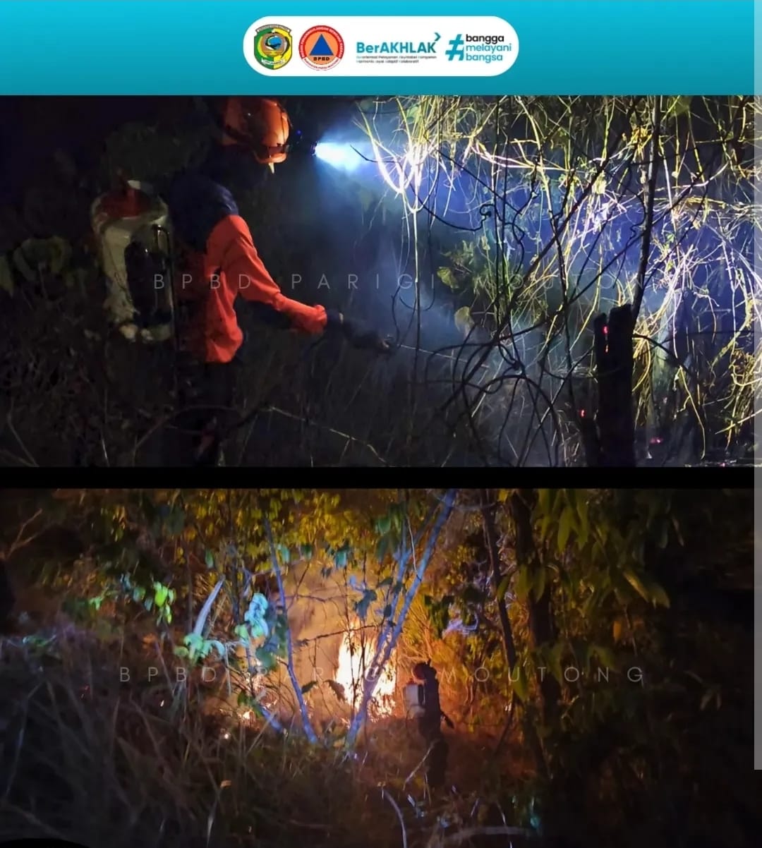 Petugas gabungan memadamkan kebakaran hutan di Parigi Moutong, yang menjadi bagian dari 36 kasus karhutla sepanjang 2026.