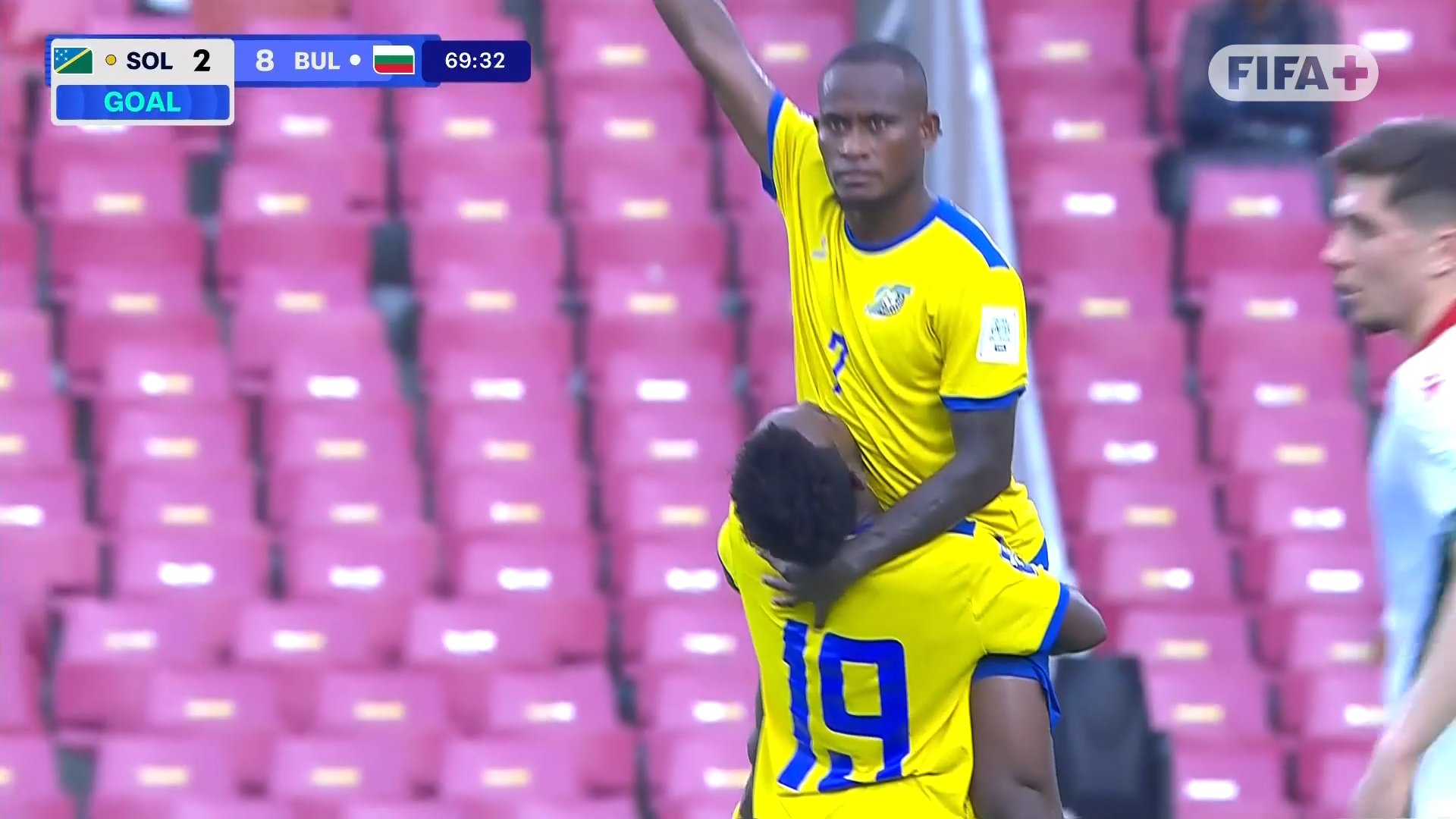 Selebrasi pemain Kepulauan Solomon, Raphael Lea&rsquo;i saat mencetak gol ke gawang Bulgaria di Stadion Gelora Bung Karno (GBK), Jumat (27/3/2026).