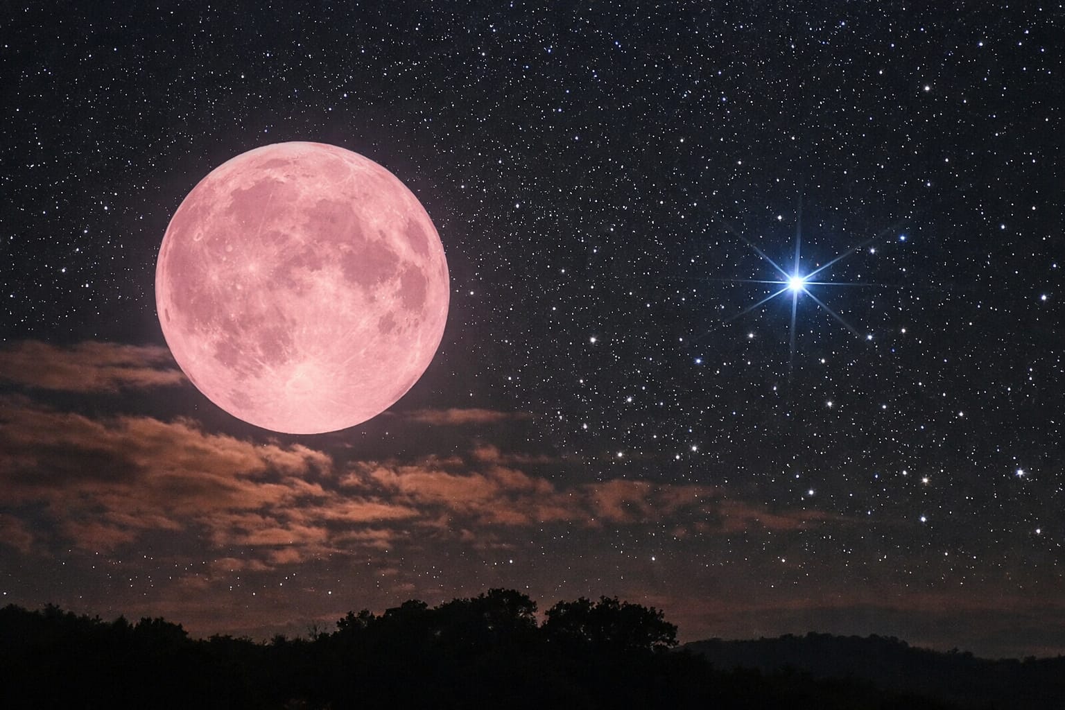 Penampakan Pink Moon 2026 menghiasi langit malam dengan ditemani bintang terang Spica di rasi Virgo.