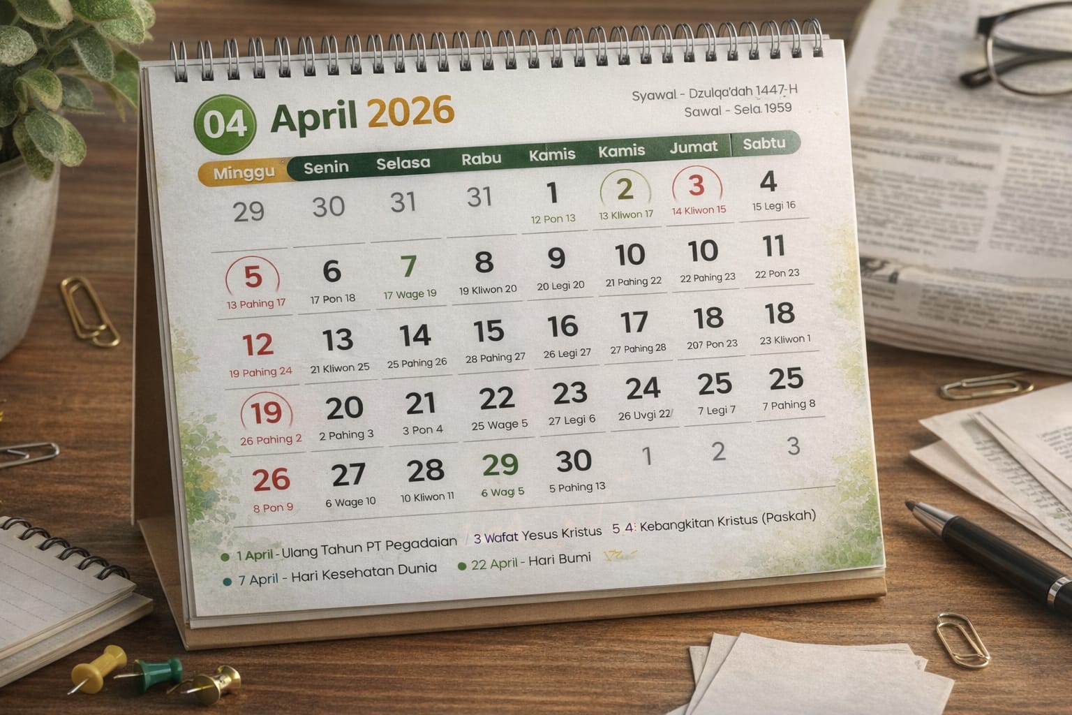Kalender April 2026 menunjukkan tanggal merah yang menciptakan long weekend di awal bulan.