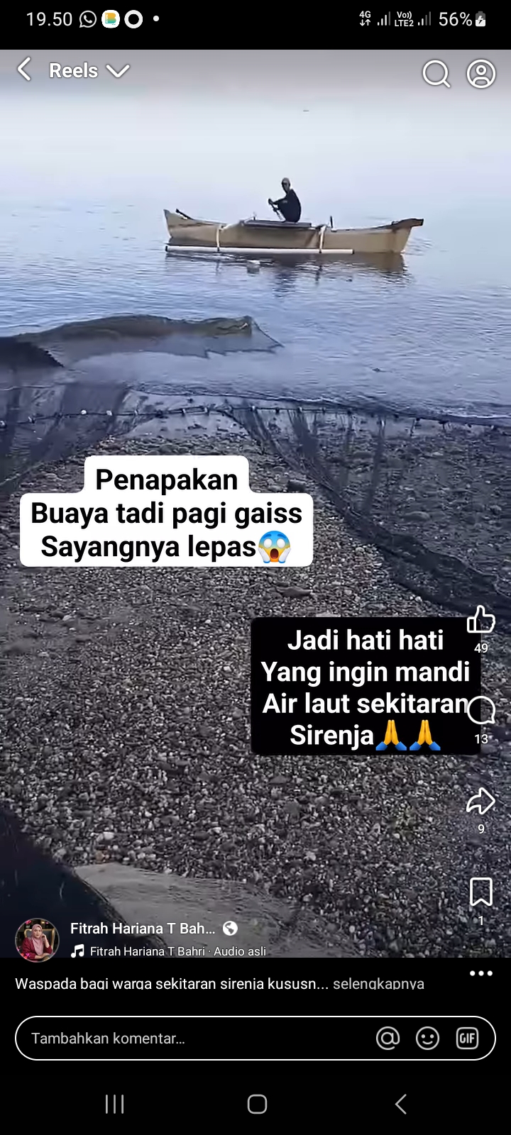 Seekor buaya dilaporkan tersangkut di pukat milik nelayan saat proses pengambilan ikan di perairan Sirenja, Kabupaten Donggala, Sulawesi Tengah, Minggu pagi (30/3).