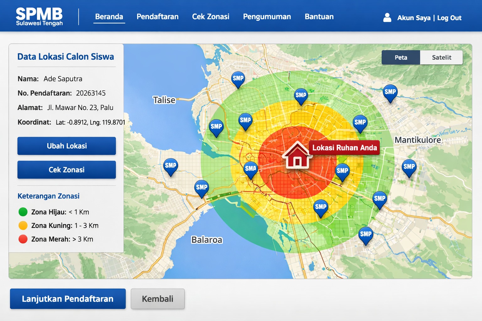 Ilustrasi antarmuka web SPMB (Seleksi Penerimaan Murid Baru) Sulawesi Tengah dengan peta digital yang menunjukkan titik koordinat rumah calon siswa