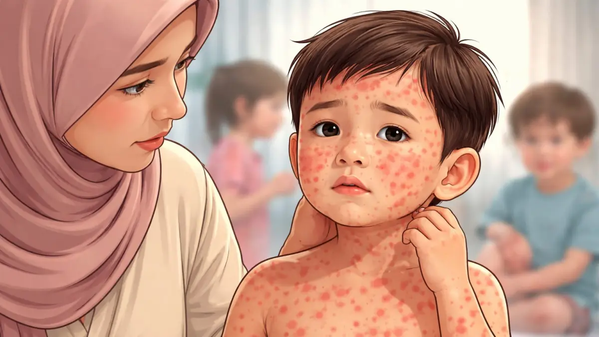Ruam merah pada kulit menjadi gejala khas campak yang mudah menular, terutama pada anak yang belum divaksin. (ilustrasi)
