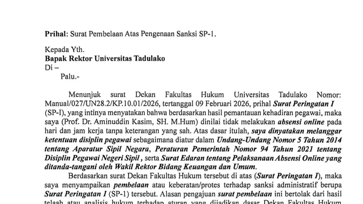 Surat pembelaan Prof Aminuddin Kasim terkait SP-1 Dekan FH Untad yang memicu polemik di lingkungan Universitas Tadulako. (Dok Pribadi)