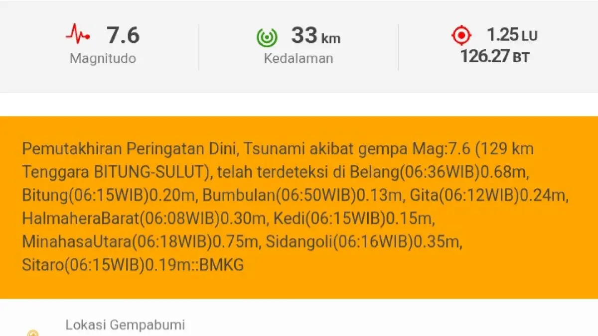 BMKG kembali memperbarui data peringatan dini tsunami pascagempa bumi berkekuatan magnitudo 7,6 yang terjadi di 129 kilometer tenggara Bitung, Sulawesi Utara, Kamis (2/4) pukul 05.48 WIB.(WRS BMKG)