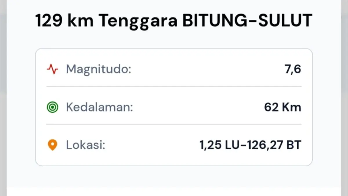 BMKG merilis peta lokasi gempa M7,6 di tenggara Bitung Sulut yang berpotensi tsunami, Kamis (2/4/2026).