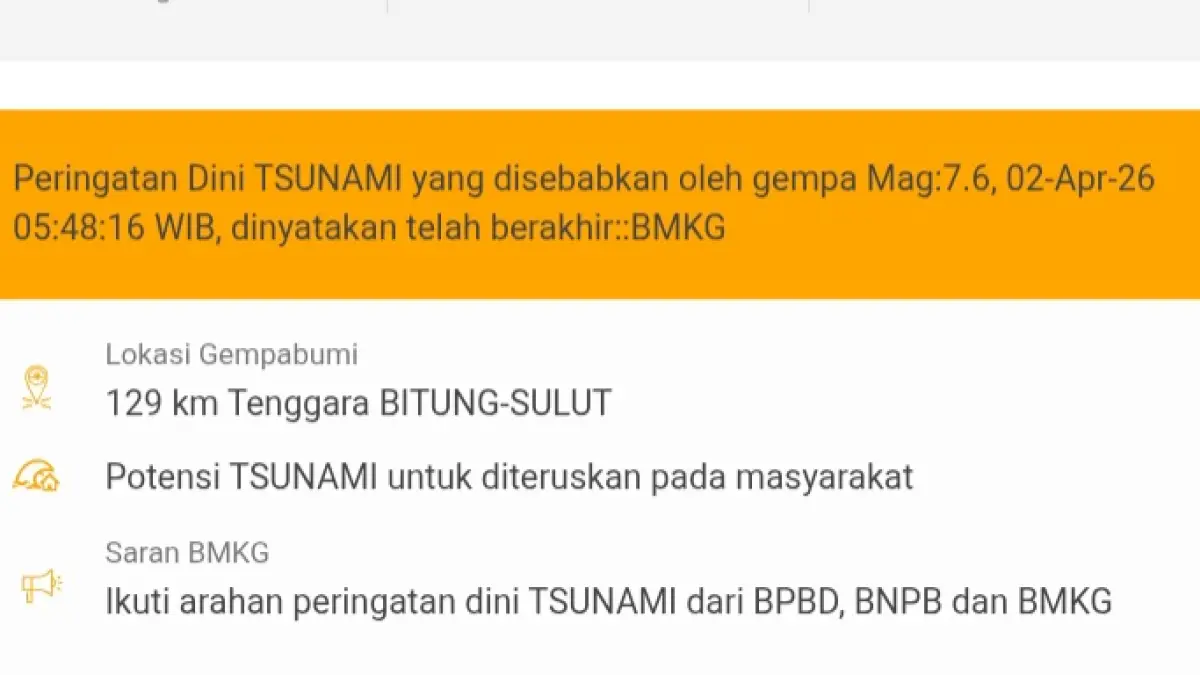 Peringatan dini tsunami dinyatakan berakhir.(WRS BMKG)