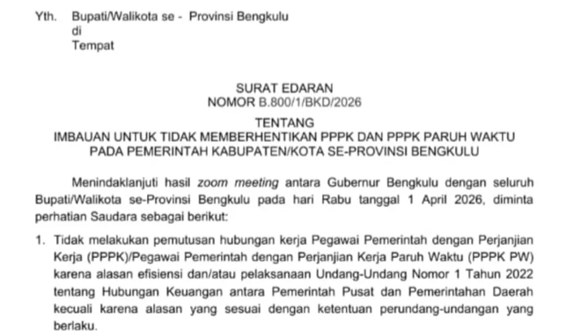 Surat edaran yang melarang pemerintah kabupaten dan kota melakukan PHK terhadap PPPK, termasuk PPPK paruh waktu.(bengkuluprov.go.id)