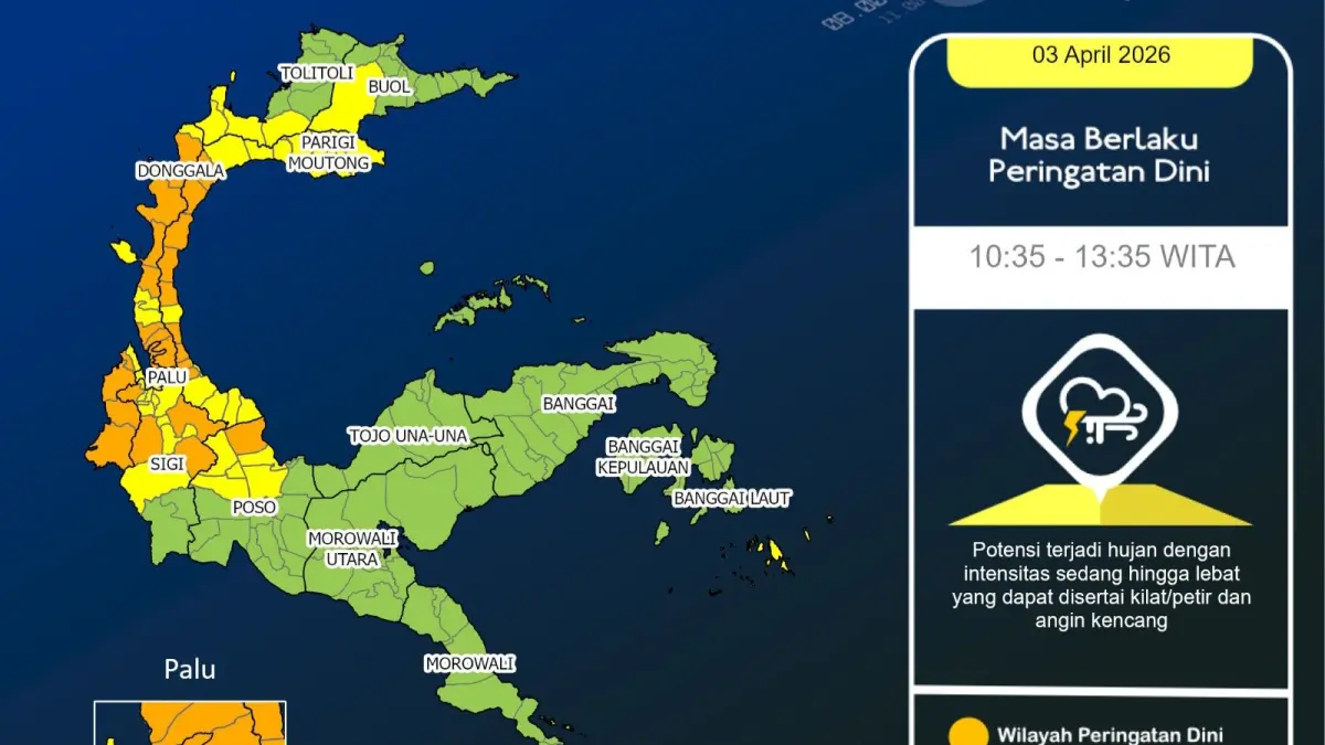 Update peringatan dini cuaca untuk wilayah Sulawesi Tengah, Jumat (3/4/2026).(BMKG PALU)
