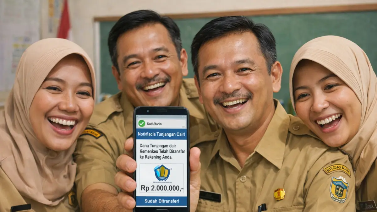 Ilustrasi pancaran kebahagiaan dari para guru dan tenaga pendidik mendapatkan notifikasi pencairan tunjangan guru